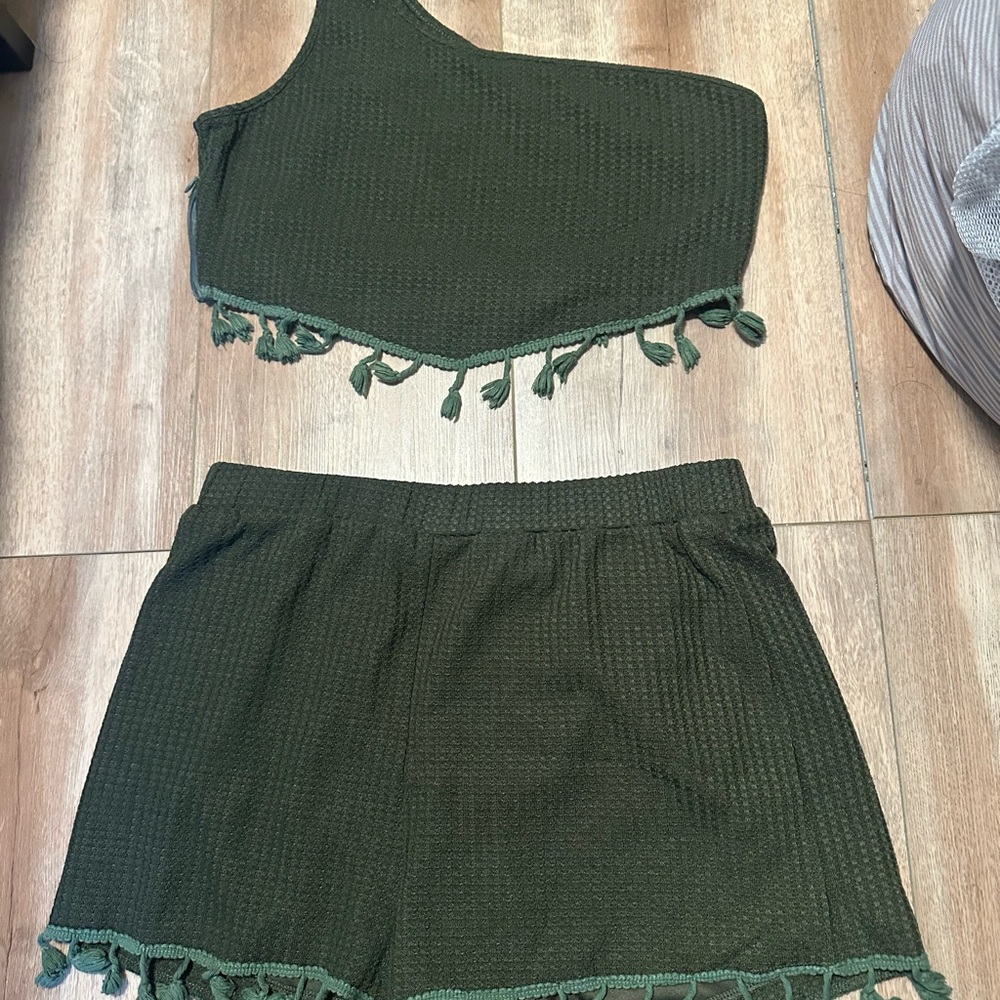 SHEIN Green One-Shoulder Top and Shorts Set